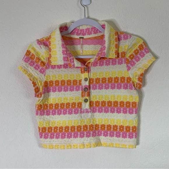 Free People Babe Town Polo Shirt Floral Spring Hippie S - Picture 2 of 7